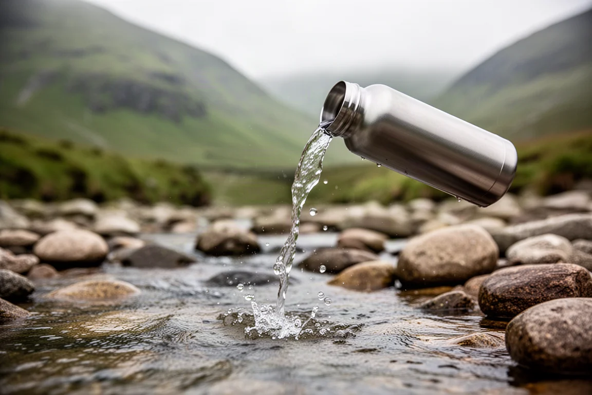 Un senderista rellenando una botella de agua en un arroyo de montaña