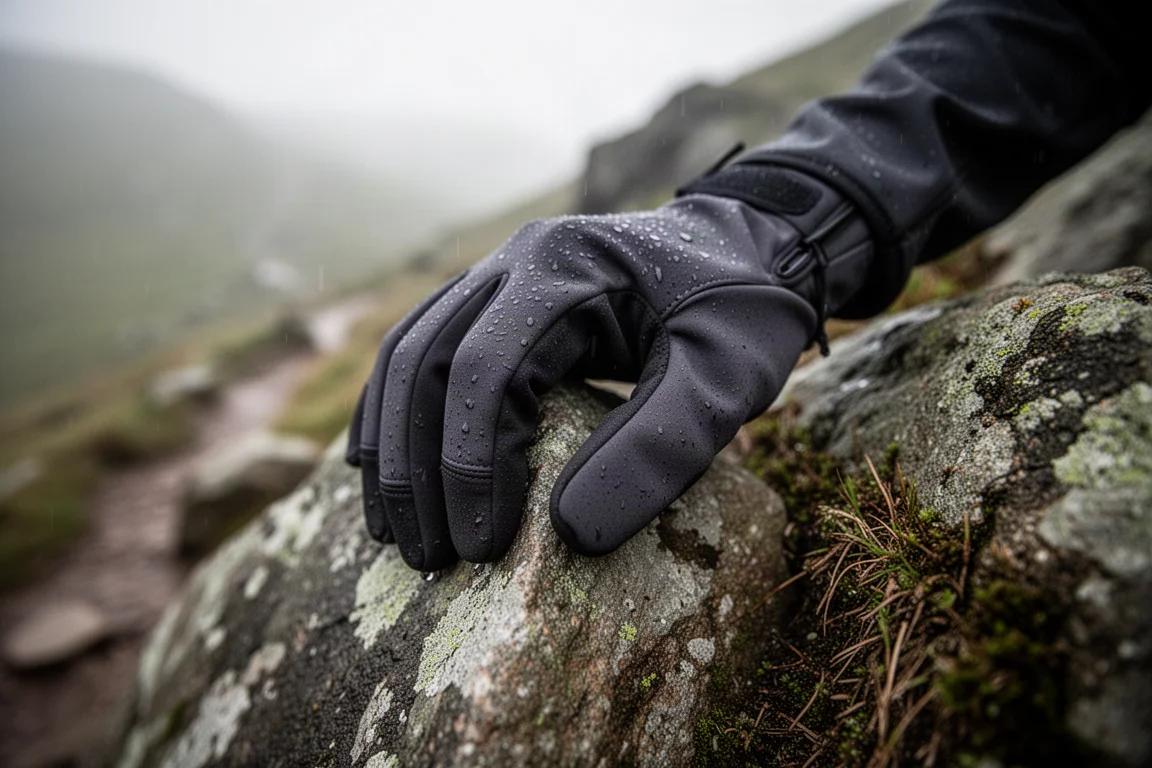 Guantes impermeables ajustados agarrando una presa de roca mojada