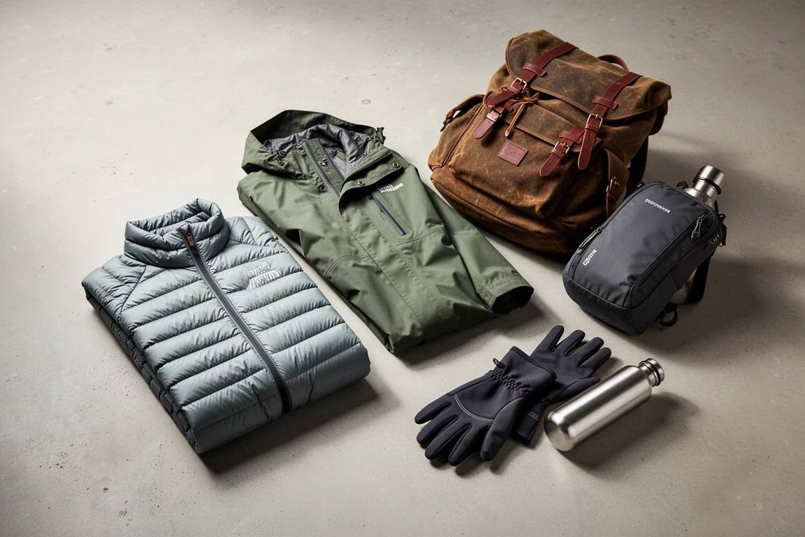 Flat-lay of outdoor jackets, backpacks, a water bottle, and gloves on concrete