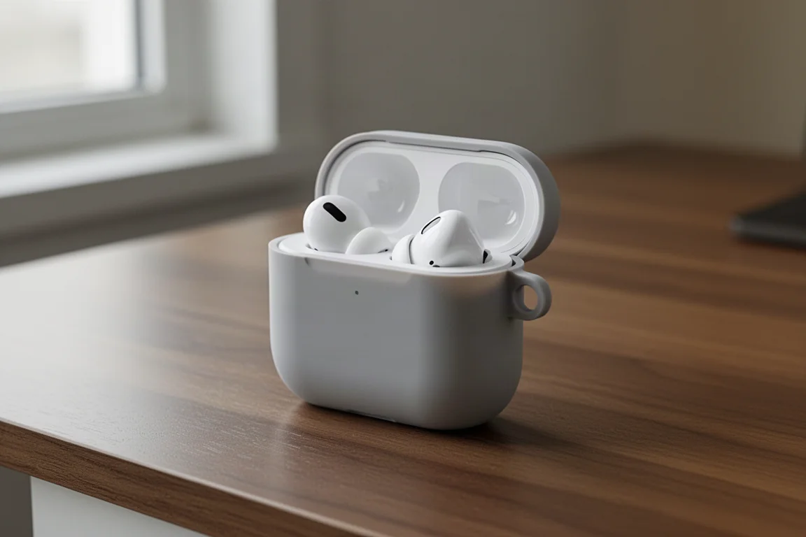 Funda de AirPods con una fina cubierta de cierre colocada sobre un escritorio de madera