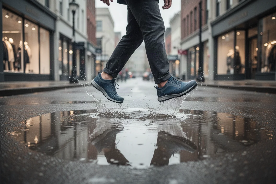 Calle urbana empapada por la lluvia con un peatón cruzando un charco con zapatos impermeables