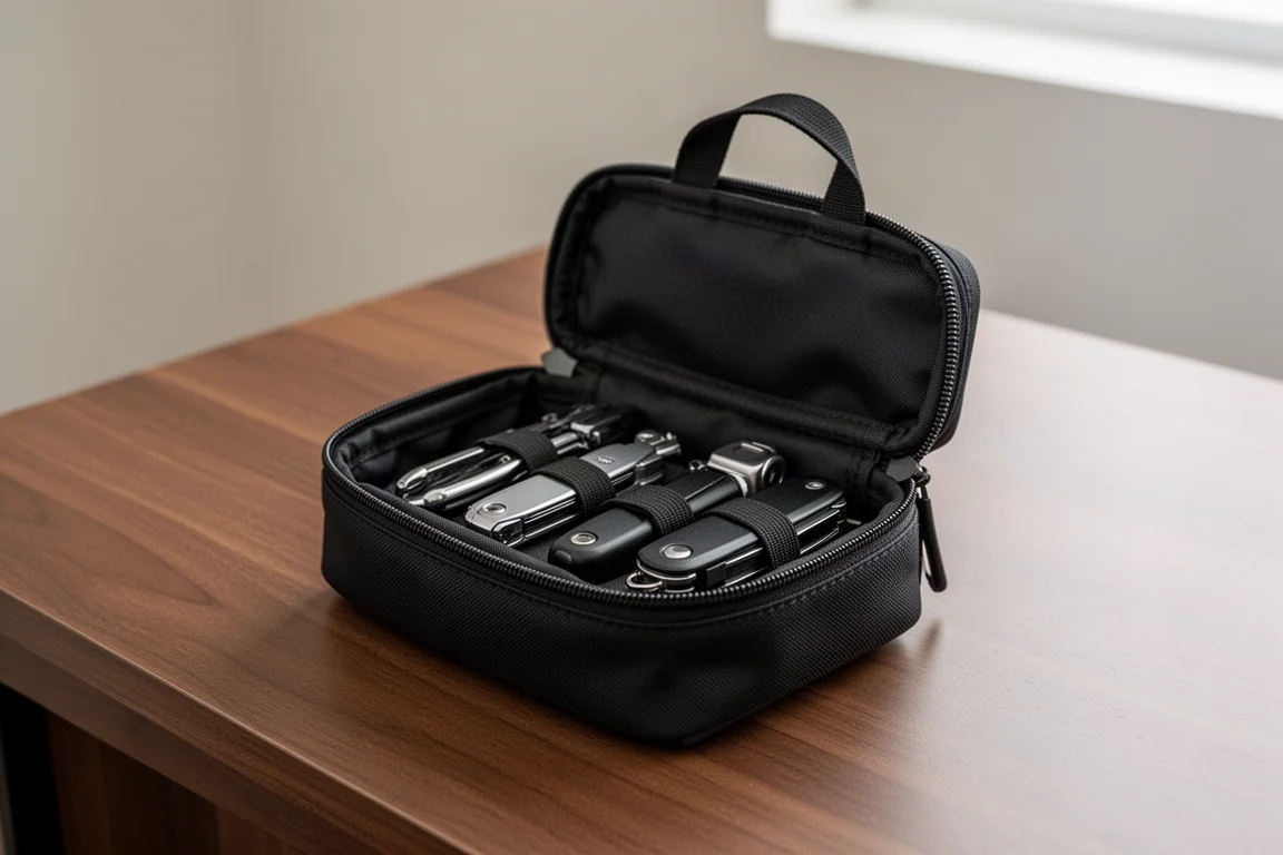 Offene Tasche aus ballistischem Nylon, gefüllt mit kompakten Reisewerkzeugen auf einem Schreibtisch