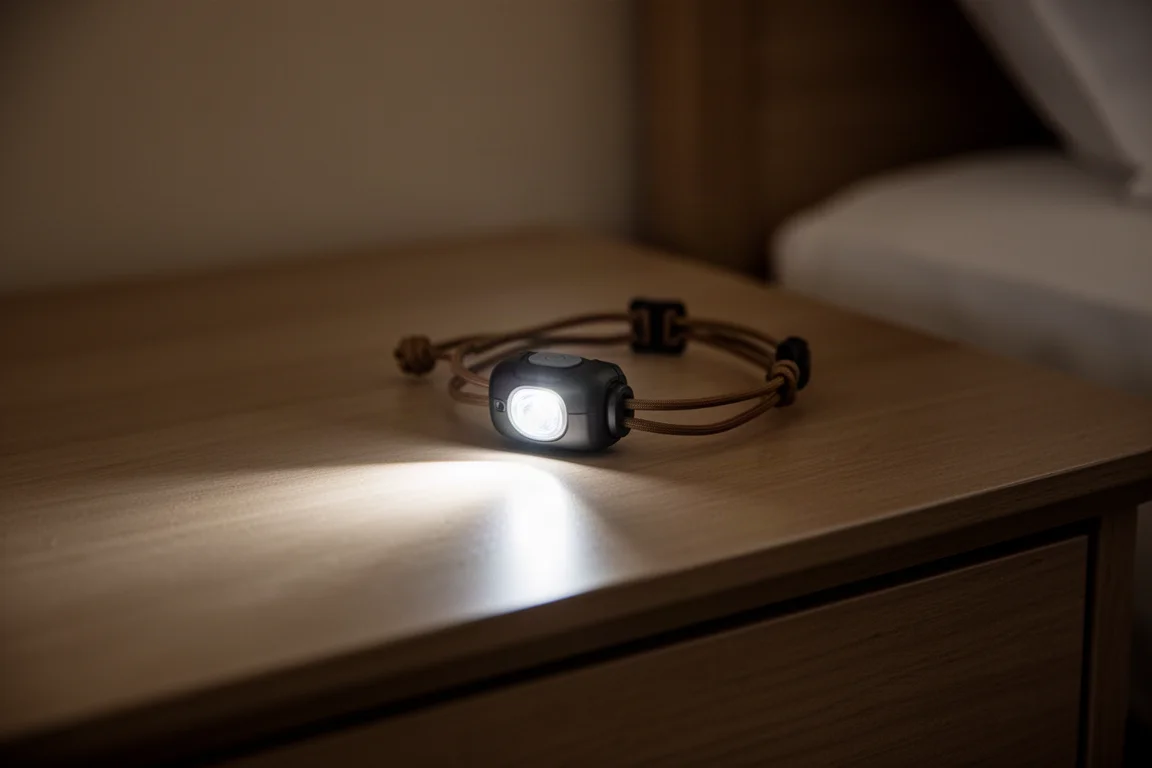 Kompakte Stirnlampe auf einem Hotel-Nachttisch, die Licht in einen dunklen Raum wirft