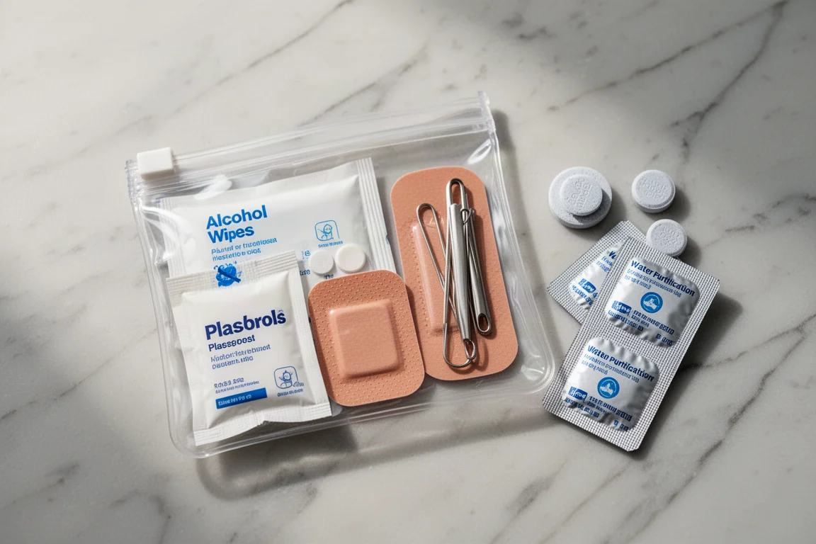 Schlanke Erste-Hilfe-Tasche mit Tüchern und Pflastern in einem durchsichtigen Zip-Beutel