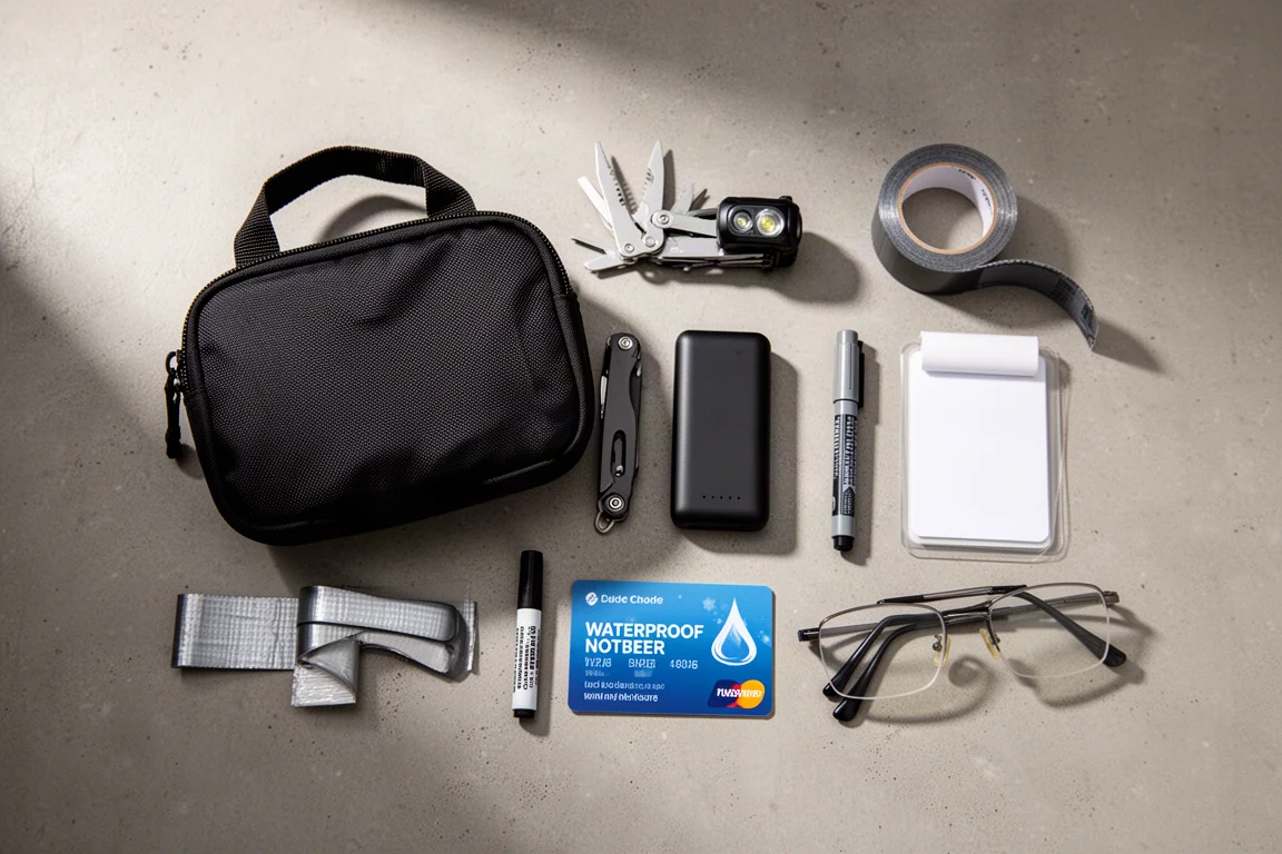 Vista dall'alto di attrezzatura da viaggio compatta con custodia, multi-tool, torcia frontale e power bank su cemento
