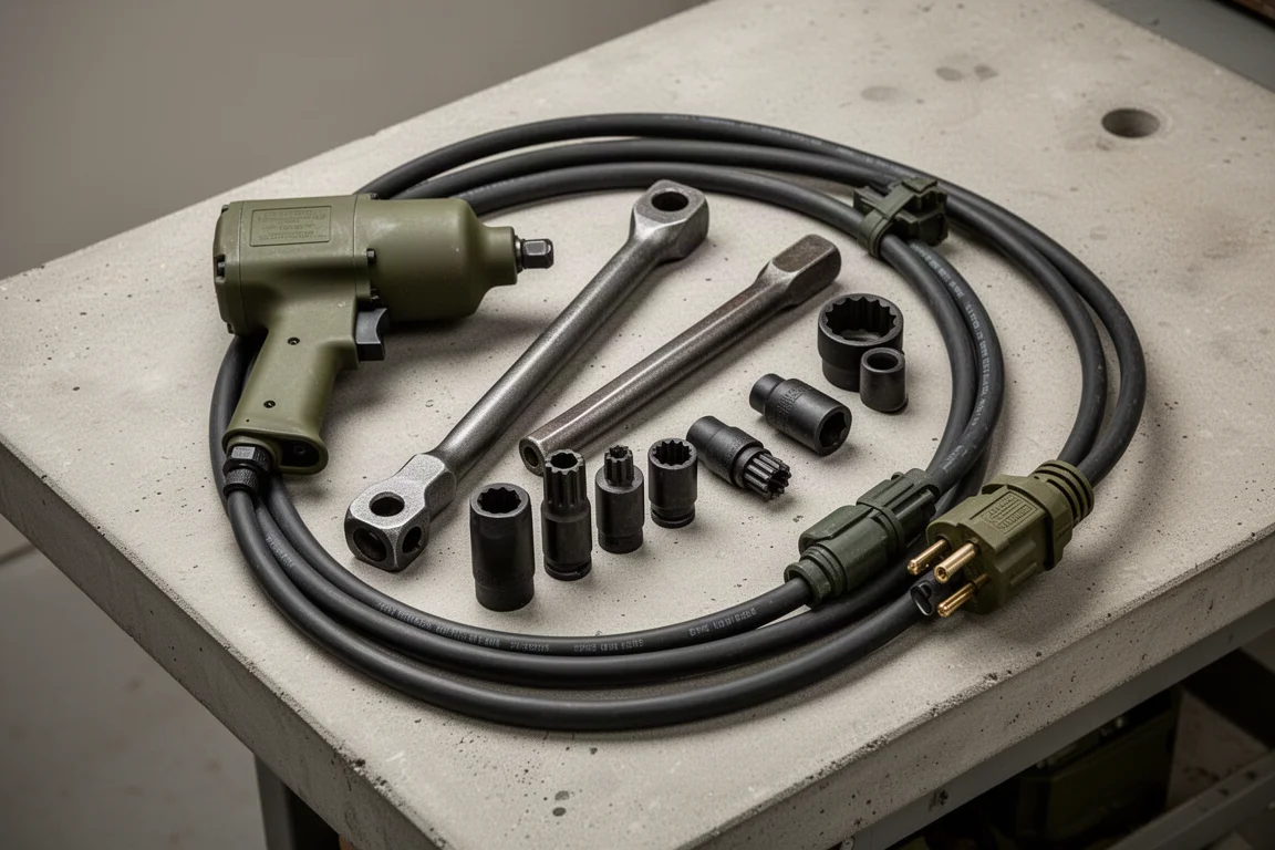 Military impact wrench kit contents laid out on a concrete workbench