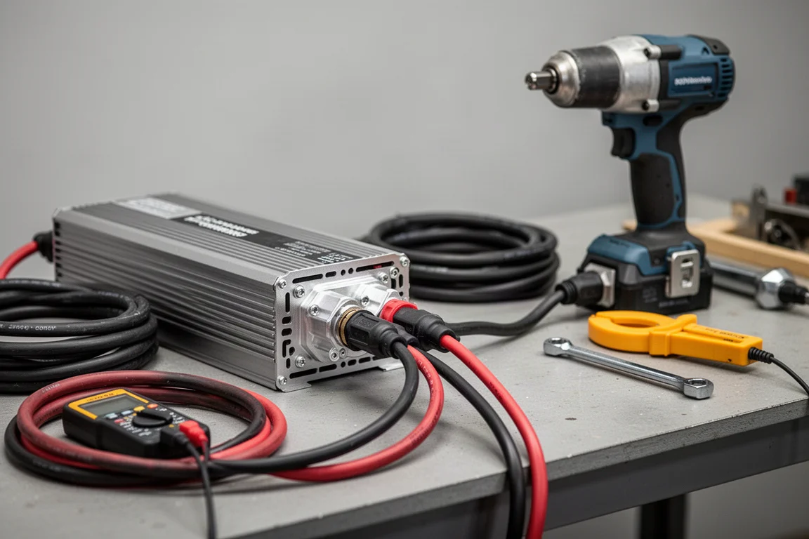 Heavy-duty inverter and cable rig supplying power to the impact wrench on a bench