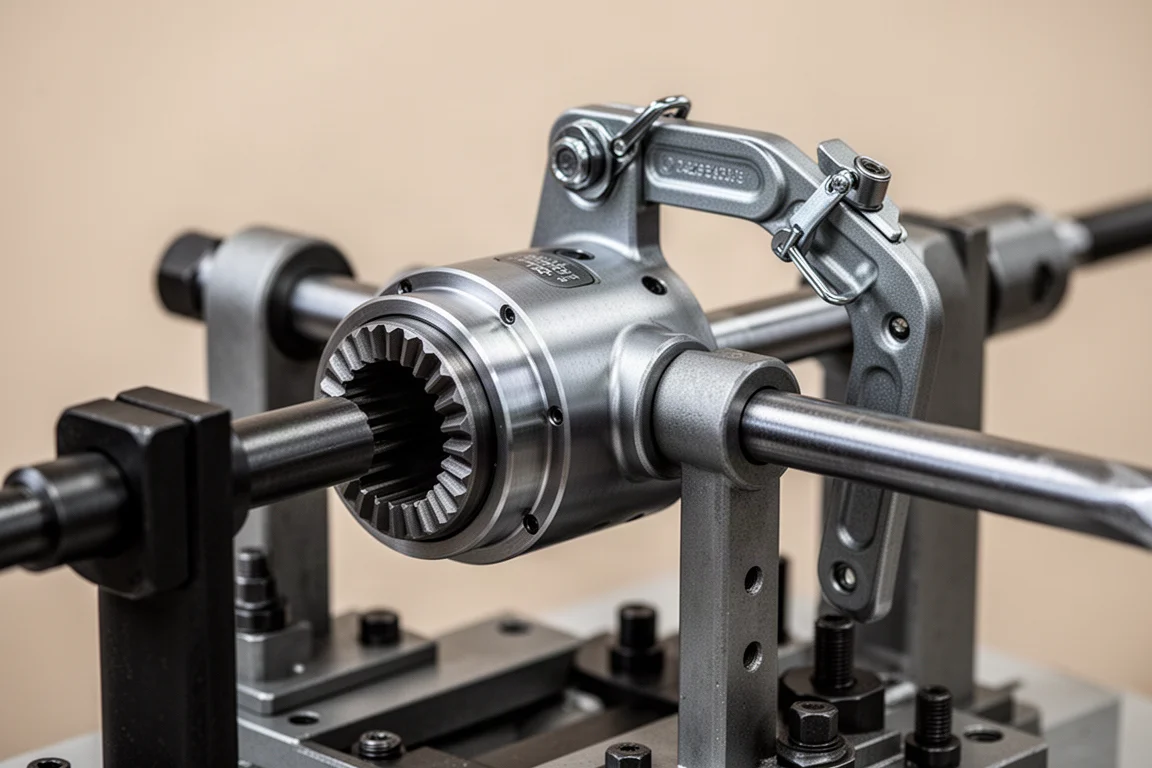 Torque multiplier with quick-release reaction arm clamped on a test rig