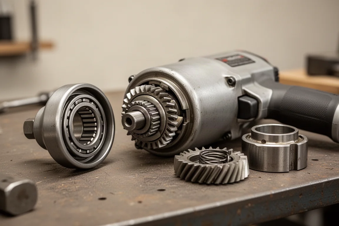 Disassembled impact wrench internals showing hammer mechanism and needle bearing