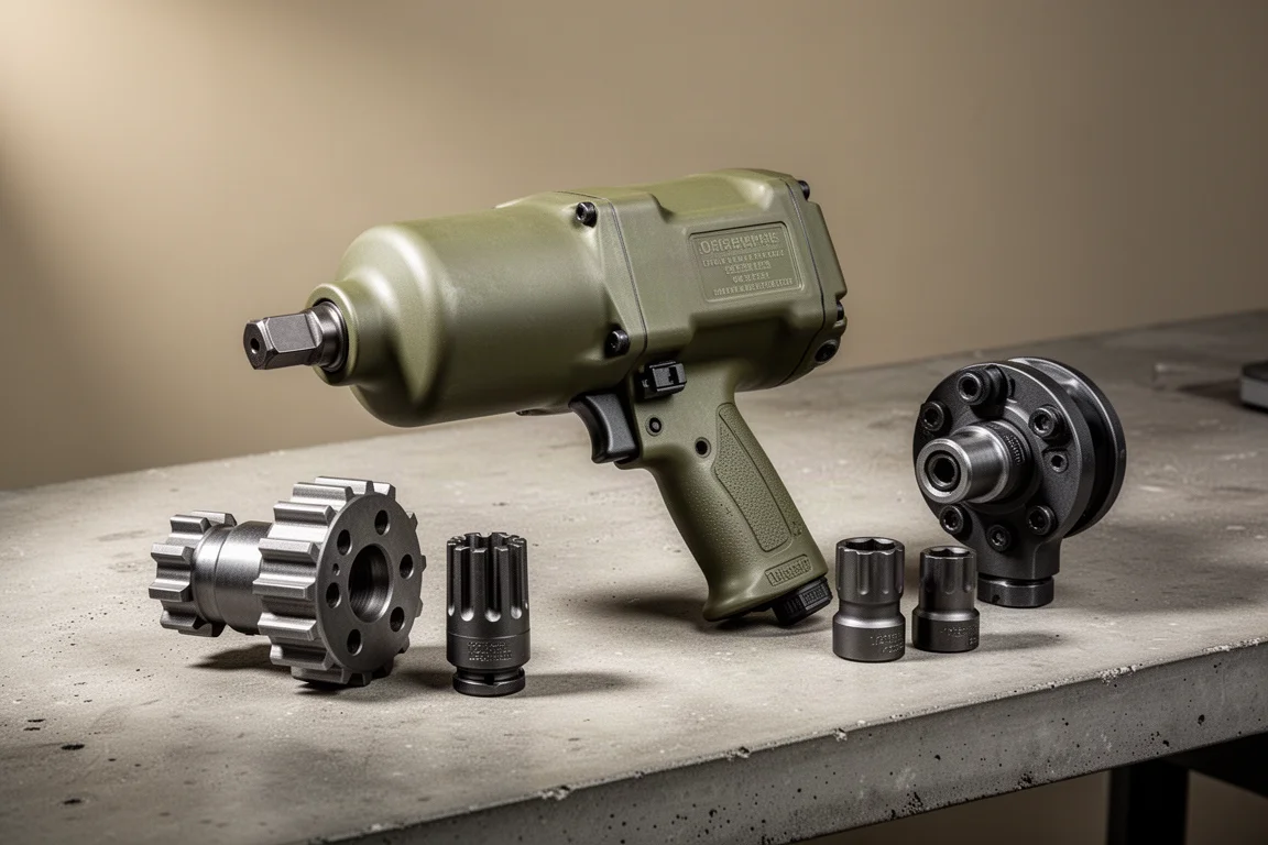 Olive-green military impact wrench with torque multiplier and sockets on concrete workbench