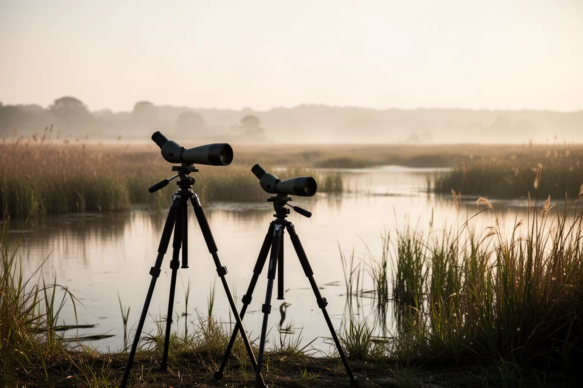 Spotting scope montado em um tripé sobre um pantanal na hora dourada