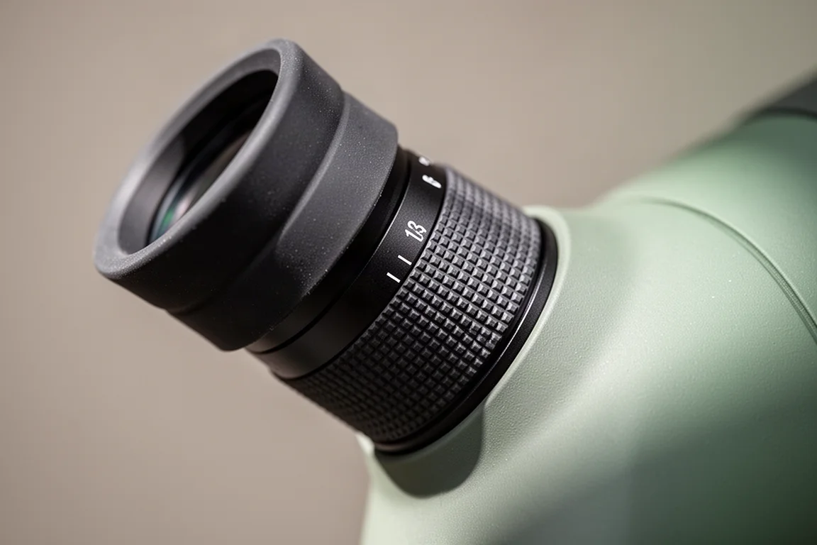 Close-up da ocular de um spotting scope e do anel de zoom de ampliação