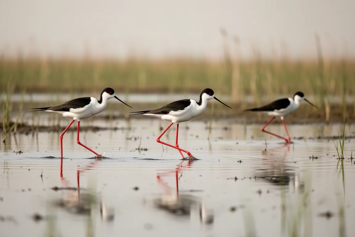 Pernilrosas de pescoço negro andando em águas rasas do pantanal