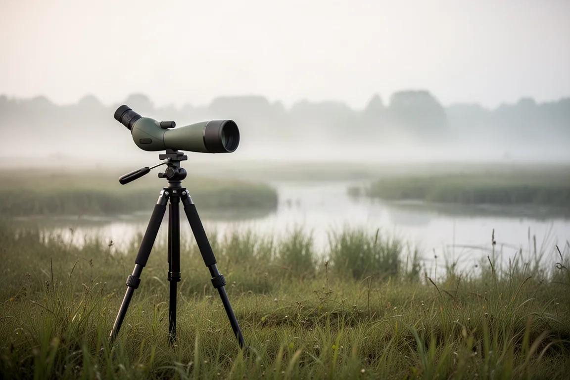 Configuração de digiscoping com um spotting scope apontado sobre um pantanal aberto