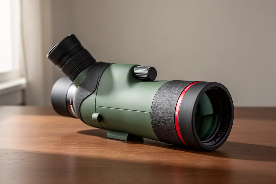 Green and black spotting scope angled on a wooden surface