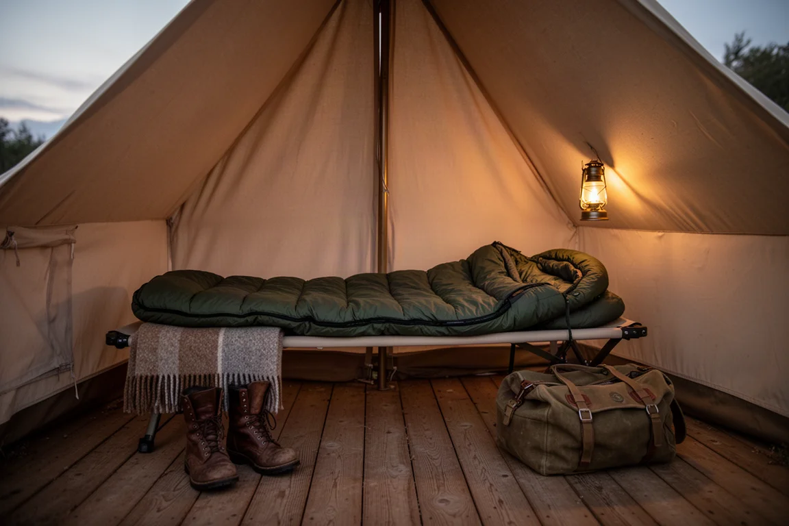 Canvas tent interior at dusk with a sleeping bag laid open on a low cot