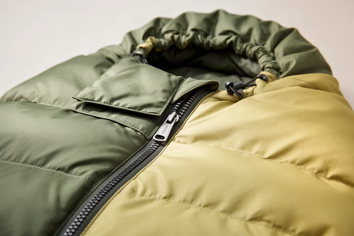 Close up of a sleeping bag zipper, draft collar and quilted synthetic shell