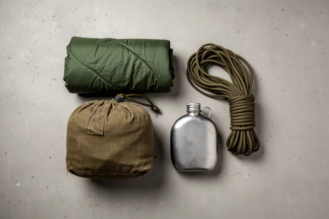 Overhead flat lay of military surplus camping gear on a concrete surface