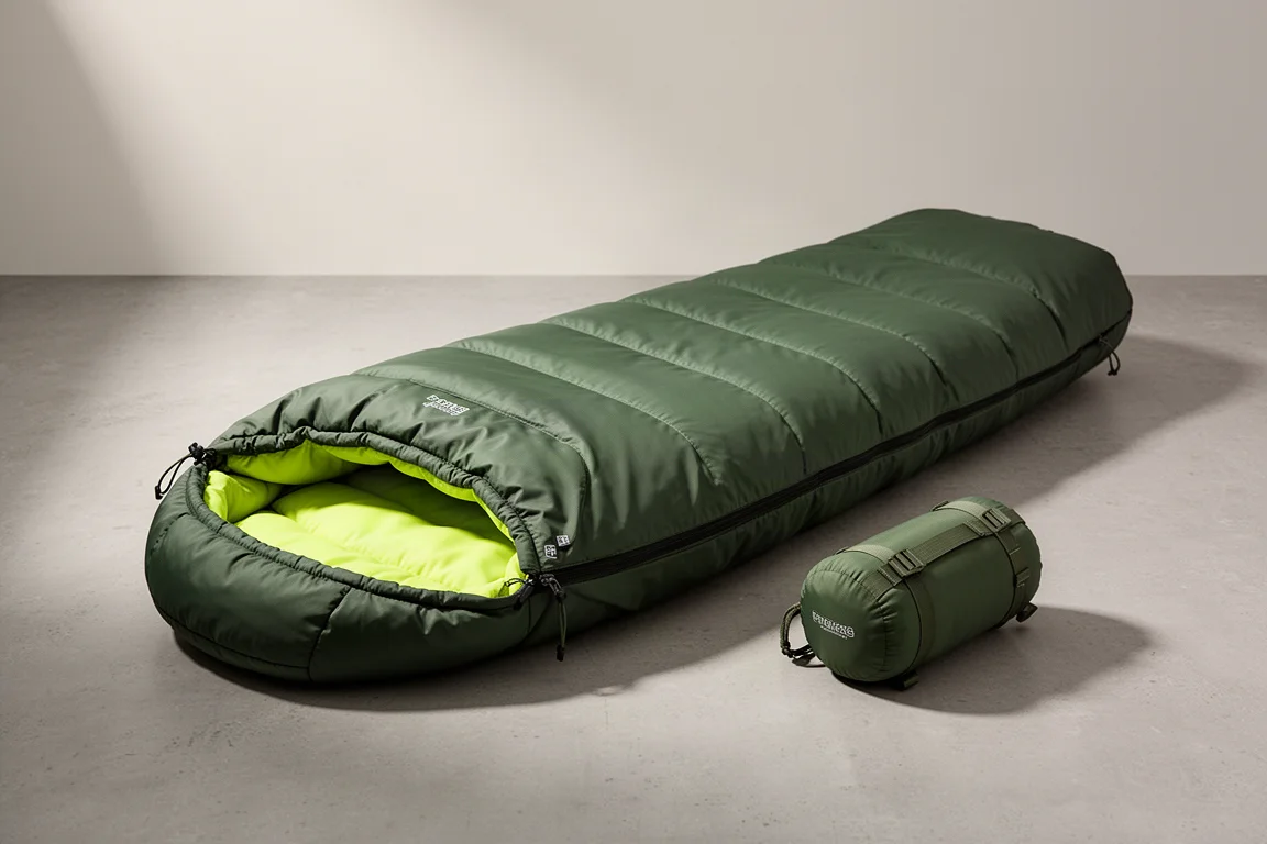 Forest-green surplus sleeping bag partially unrolled on concrete with yellow-green lining visible