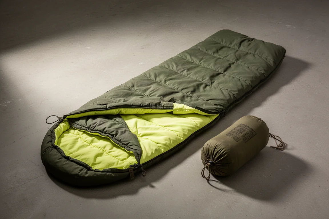 Forest green military surplus sleeping bag laid open on a concrete surface