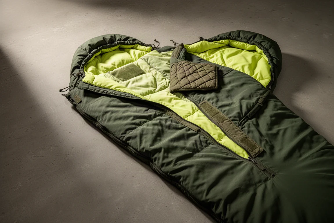 Sacco a pelo militare surplus verde bosco con fodera giallo-verde brillante su cemento