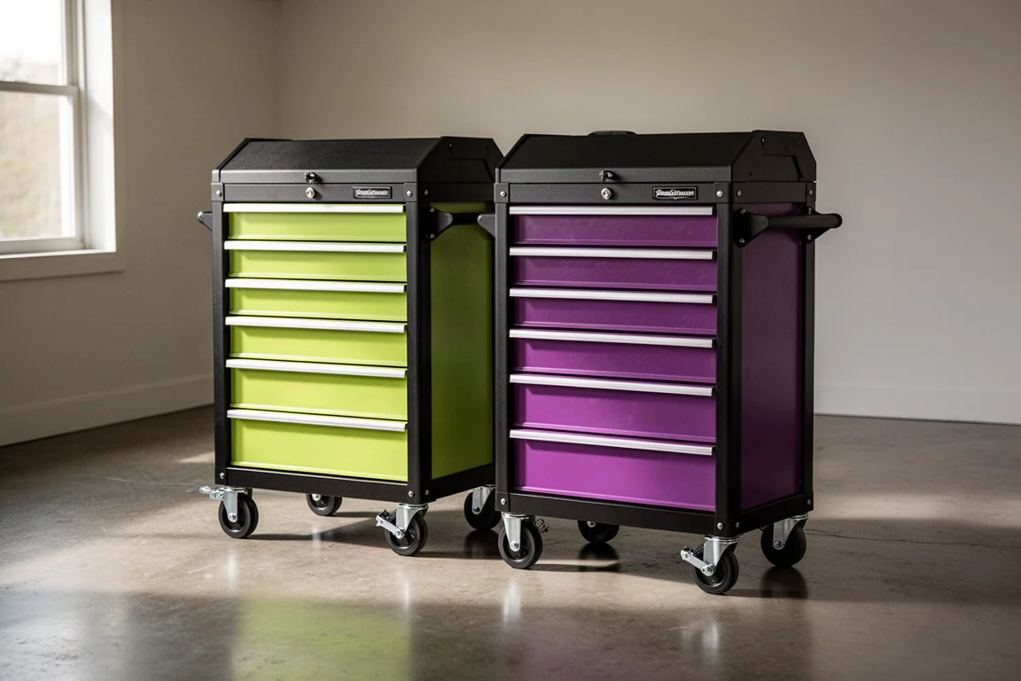 US General five drawer carts in green and purple side by side in a garage
