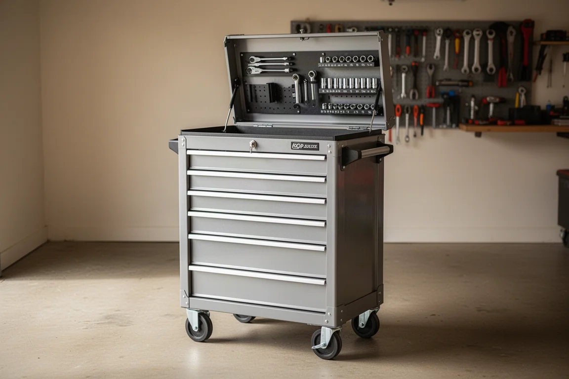 Tall six-drawer tool cart loaded with sockets and ratchets on magnetic holders