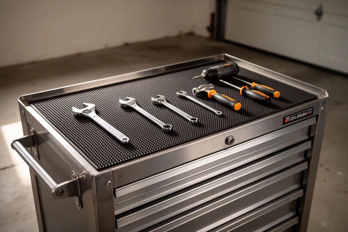 Roll cabinet work surface with rubber mat and tools laid out flat