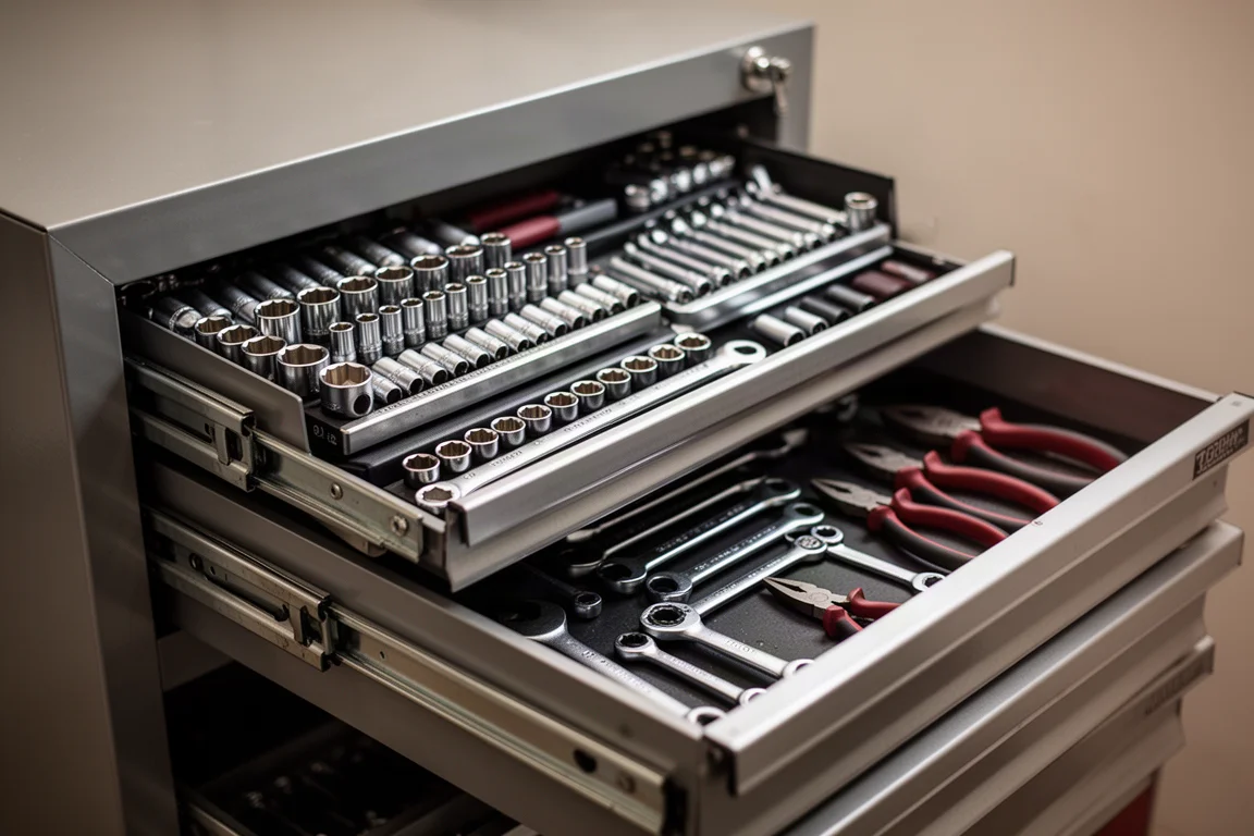 Open tool drawers organized with sockets, wrenches, and pliers