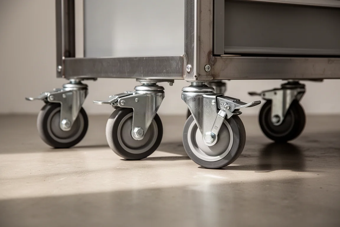 Swivel casters on a tool cart resting on a garage floor