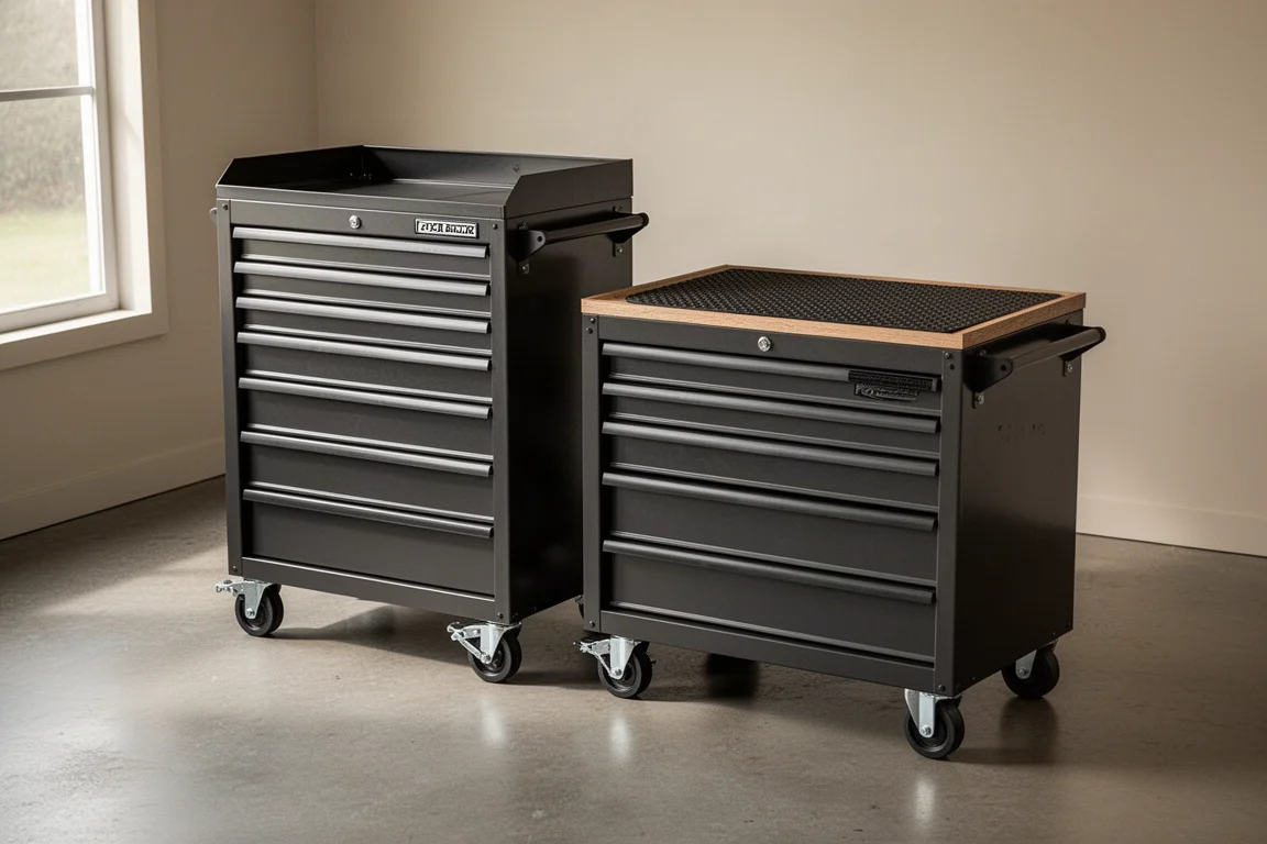 US General full bank tool cart and roll cabinet side by side on a garage floor