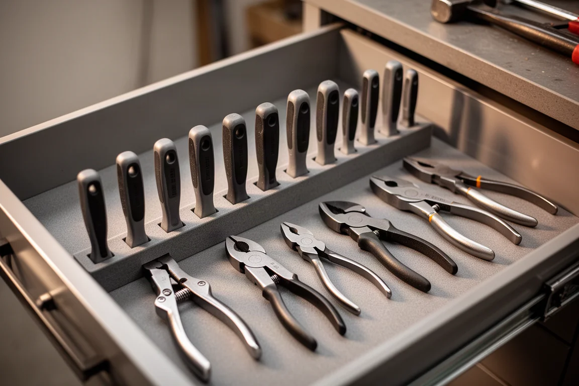 A drawer of pliers neatly lined upright in an organizer