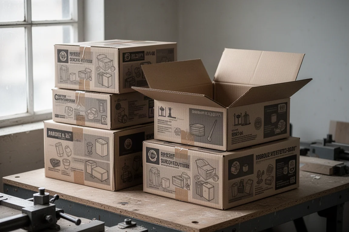 Heavy-duty printed retail boxes stacked on a workbench