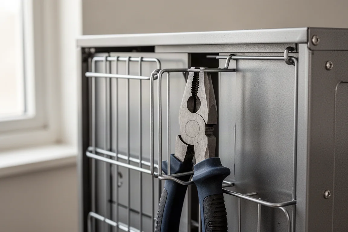 Hands-free detail of sliding metal panels on a plier rack