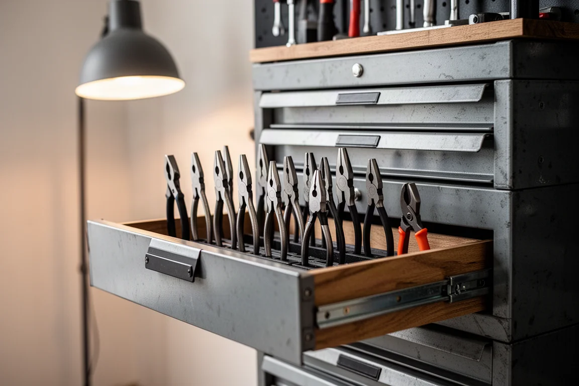 A well-organized tool storage wall with stacked drawers