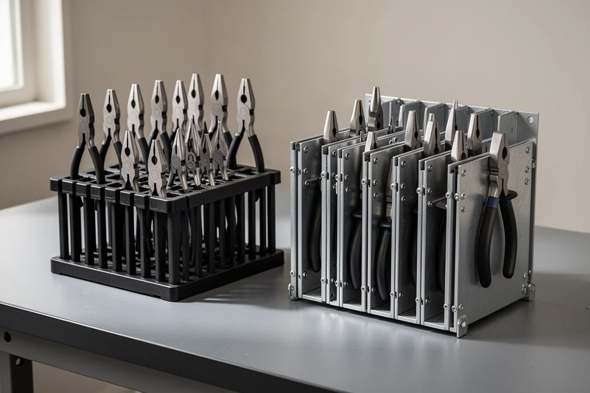 Plastic and metal US General plier racks side by side on a workbench