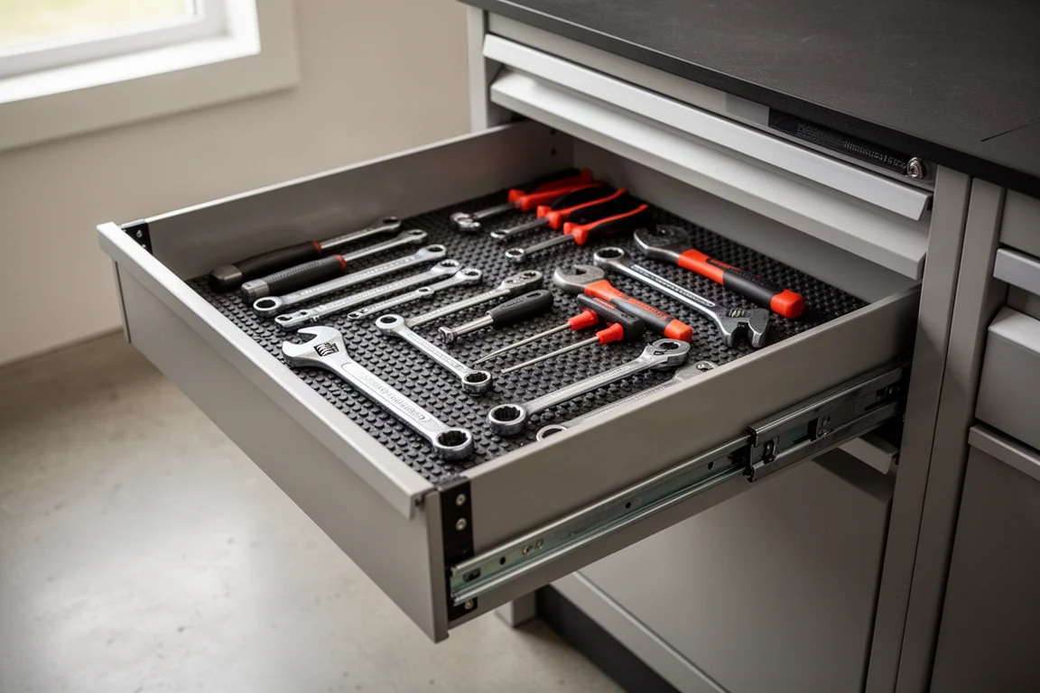 Open tool cabinet drawer with a rigid rubber mat and organized hand tools