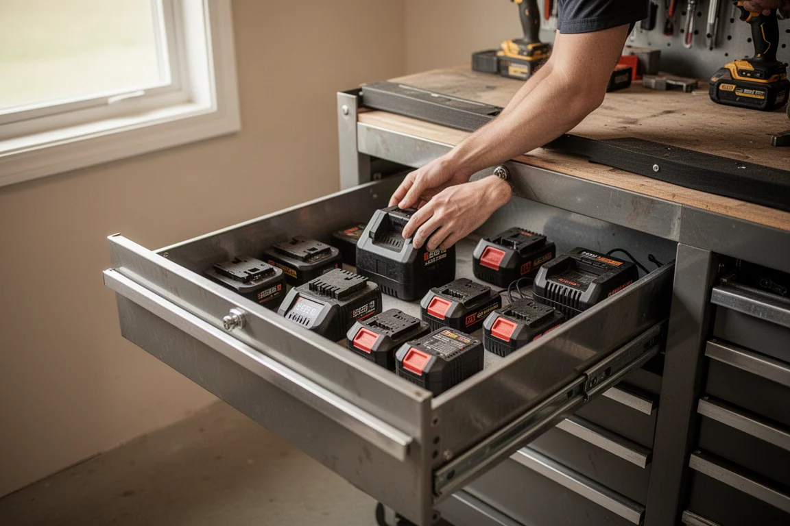 Person organizing battery chargers and power tools in wide cabinet drawers