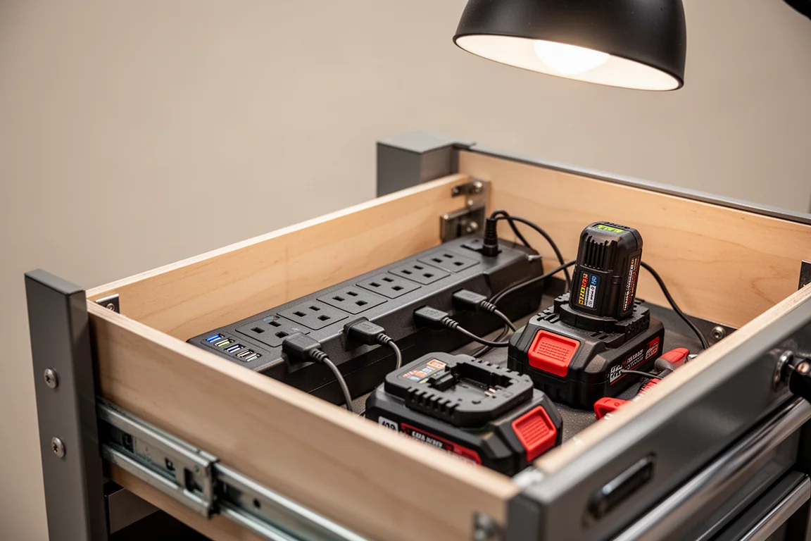 Power drawer with integrated power strip and USB ports inside a tool cabinet