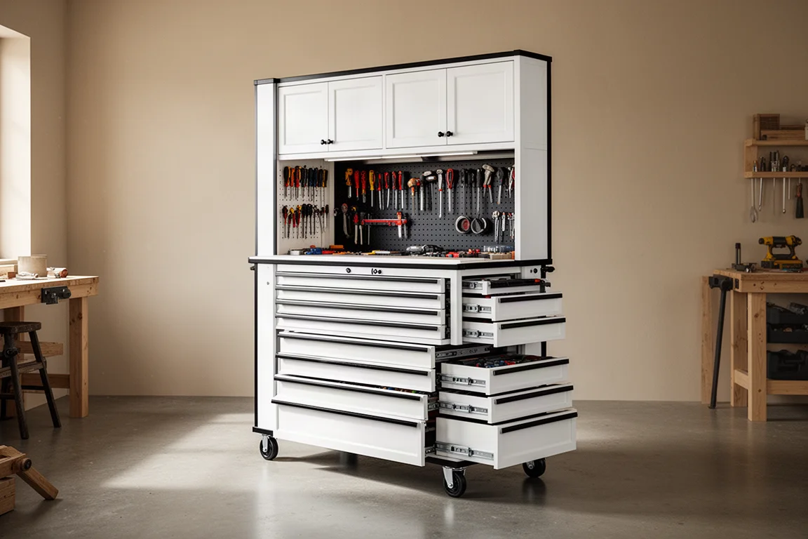 Wide triple-bank tool cabinet with hutch in a spacious workshop