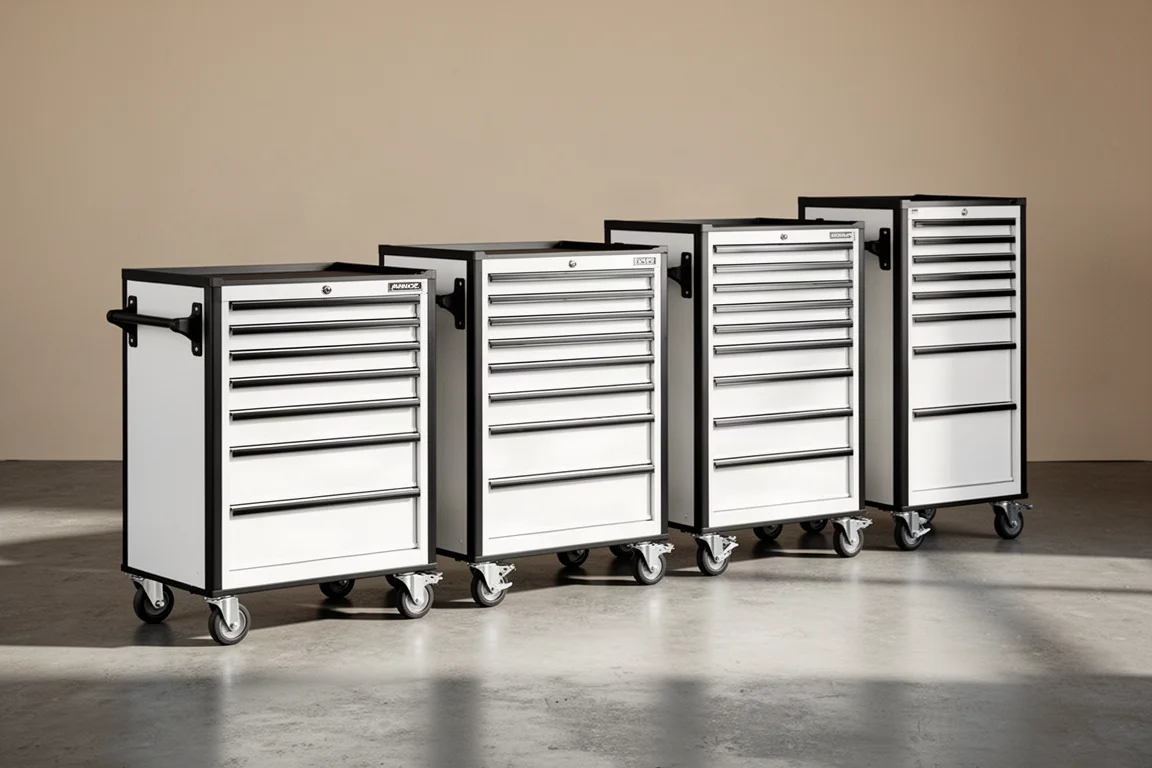Four US General rolling tool cabinets of increasing size lined up on a concrete floor