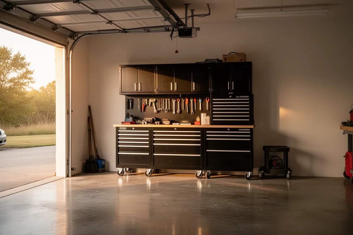 Spacious garage workshop with a large tool storage cabinet against the wall