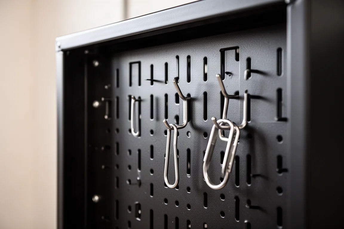 Close-up of a slotted back wall panel inside a steel workshop cabinet