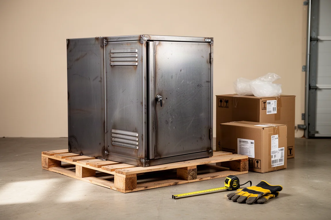 Two people lifting a heavy cabinet into position in a garage