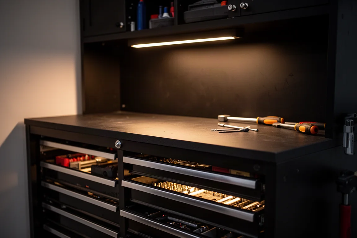 Warm indirect LED lighting glowing inside a workshop cabinet at night
