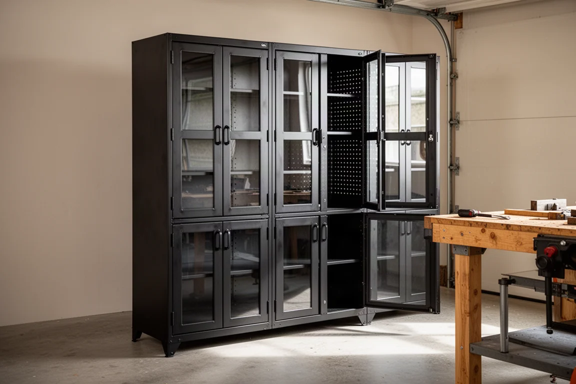Large black steel workshop hutch cabinet with glass doors on a garage floor