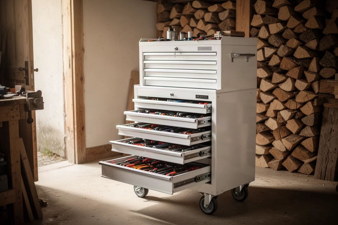 White rolling tool chest with drawers open in a dimly lit workshop