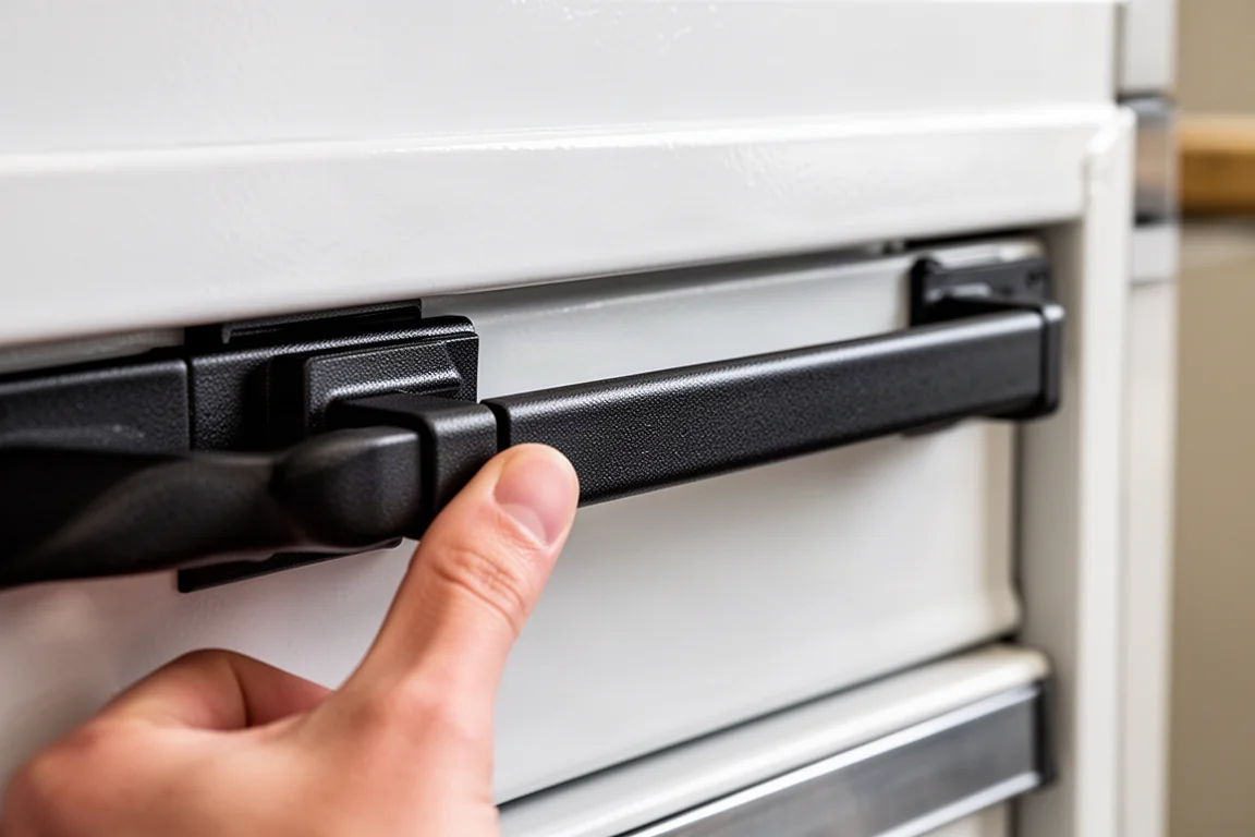 Close-up of a tool chest drawer latch bar running the full width of the drawer
