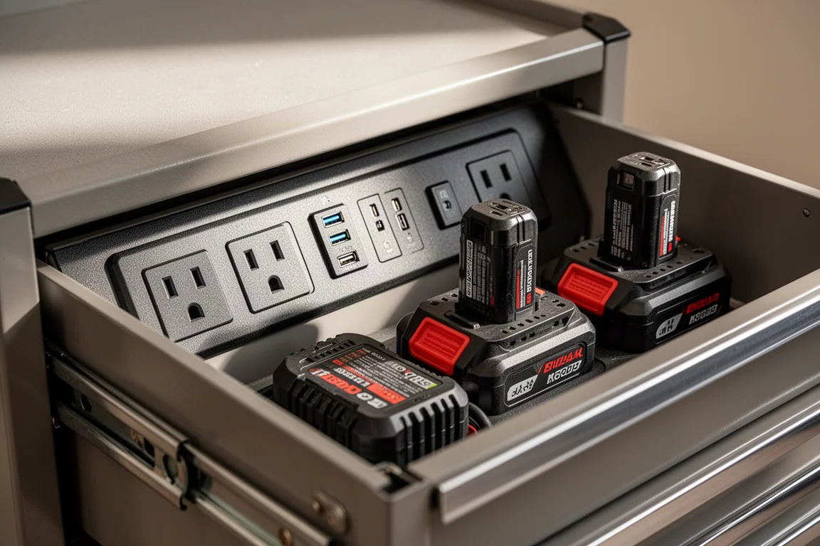 Power drawer with outlets, USB ports, and battery chargers plugged in