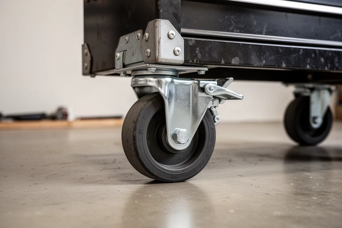 Large caster wheel on a rolling tool chest on a concrete workshop floor